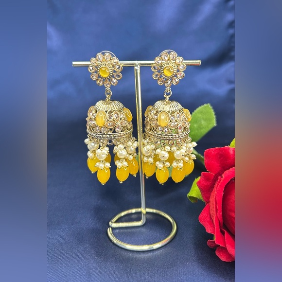 Beautiful Mustard Gold Duluxe Reverse Ad Jhumkas - Picture 5 of 7